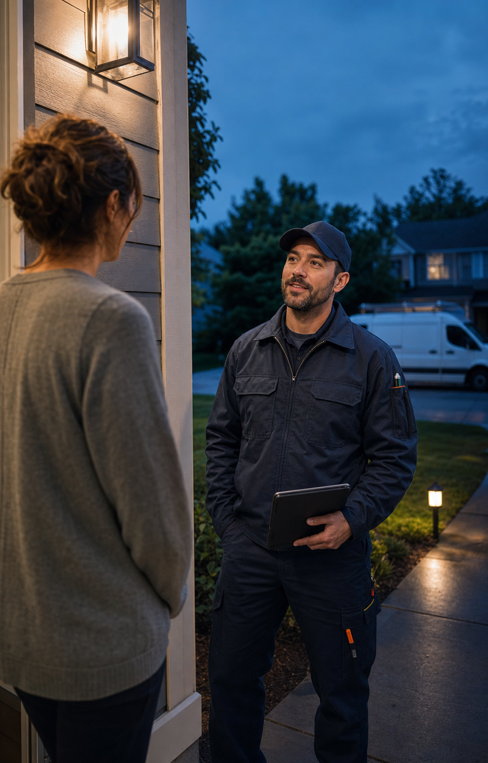 HVAC technician arriving for an evening service appointment